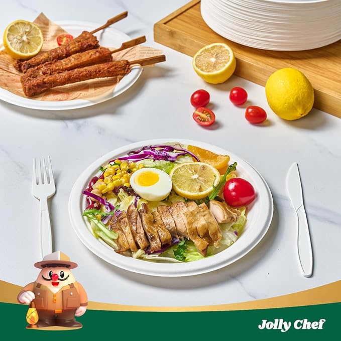 JOLLY CHEF 100% Compostable Paper Plates, 150 Pack 9 Inch Heavy Duty Plates, Disposable Biodegradable Eco-Friendly Sugarcane, Bulk White