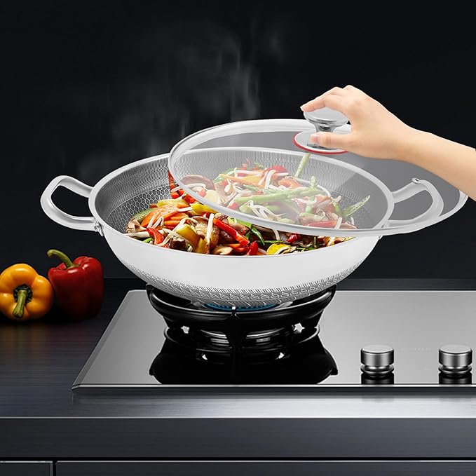 Wok Pan,Hybrid Wok with Lid,Non Stick Stainless Steel Woks & Stir-fry Pans Nonstick Frying Pan Dishwasher and Oven Safe, Works on Induction (13 inch)