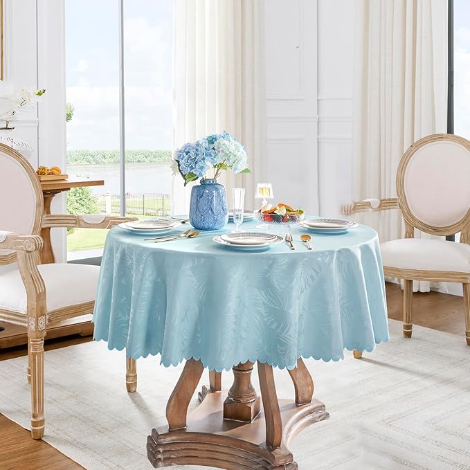 Round Tablecloth Blue Table Cloth Leaves Pattern Scalloped Edge Silky Soft Waterproof Washable 50 Inch Fabric Table Cover for Dining Kitchen Picnic Party Banquet Patio Holiday Decoration