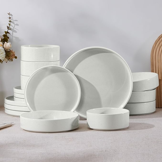 E-far 16-Piece Plates and Bowls Sets - Stoneware Dinnerware Sets with Pasta Bowls for 4 | Microwave & Dishwasher Safe Kitchen Modern Dish Set, Speckled White