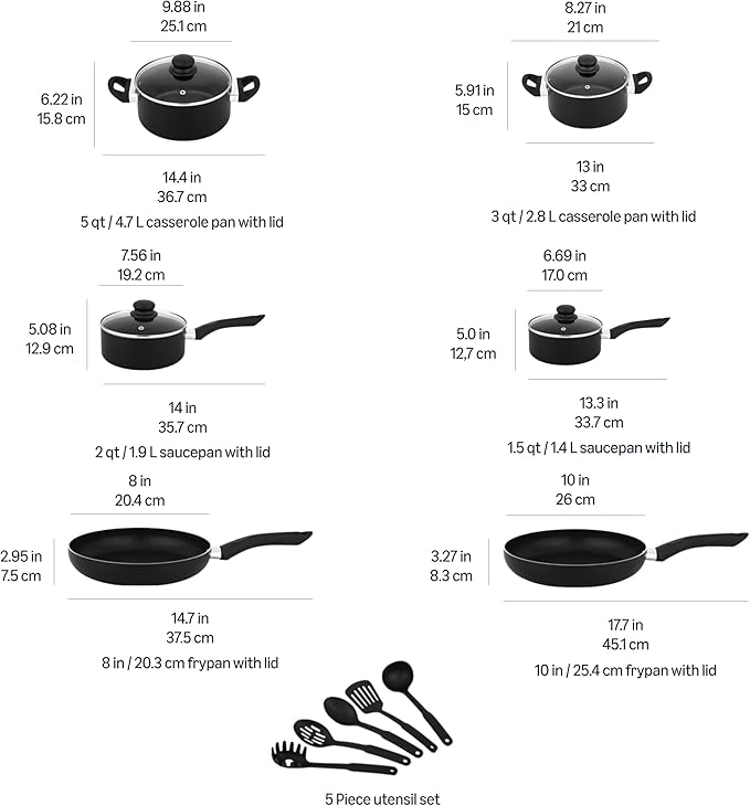 Amazon Basics Ceramic Non-Stick Cookware 15-Piece Set, Pots, Pans and Utensils, Black