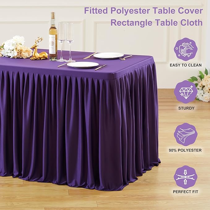 Wish Care 4 Pack Purple Rectangle Table Clothes for 8 Foot Tables, Polyester Fitted Tablecloths 8ft Stretch Table Cover for Wedding, Birthday, Parties, Trade Show, Craft Show