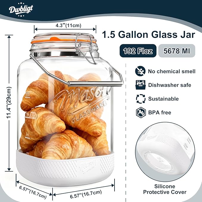 2 Pack 1.5 Gallon Glass Jar With Airtight Lid, Square Large Mason Jars Wide Mouth with Scale Marks and Stainless Steel Handle-192 Oz Non-slip Glass Storage Containers for Flour Sugar Cookie