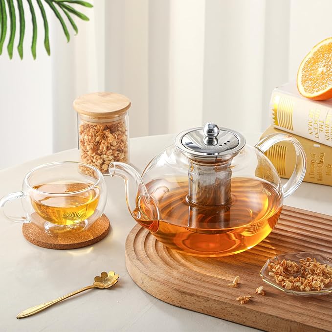 50OZ/1500ML Glass Teapot with Stainless Steel Removable Infuser & Lid, Stovetop & Microwave Safe Clear Borosilicate Glass Tea Maker Water Kettle for Loose Leaf Blooming Tea