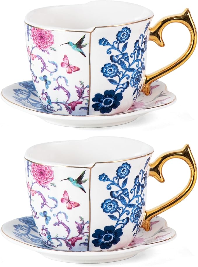 KAMMAK Tea Cups and Saucers Set of 2, Porcelain Coffee Cups, 8-Ounce Stackable Espresso Mugs, Ceramic Demitasse for Coffee, Latte, Americano, Tea, Butterfly & Bird