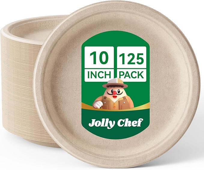 JOLLY CHEF Compostable Heavy Duty Plates 𝟭𝟬 𝗜𝗻𝗰𝗵 [𝟭𝟮𝟱 𝗣𝗮𝗰𝗸] Eco-Friendly Disposable Paper Plates Natural Bagasse Biodegradable Sugarcane Bulk for Party Hot Cold Dinner Christmas (Brown)