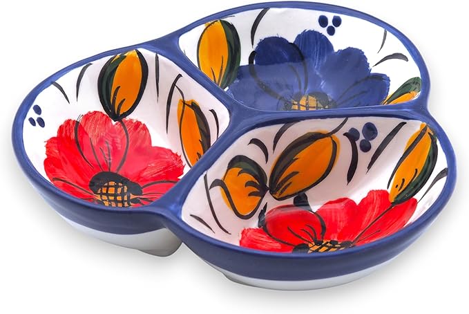 Ceramic Chip & Dip Bowl 7.5”, 3-Compartment Divided Serving Dish & Condiment Tray for Appetizers – Handmade in Spain, Lead-Free Glaze, Microwave, Oven & Dishwasher Safe