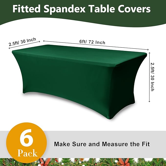 Table Cover for 6 Foot Rectangle Tables-6 Pack Hunter Green Fitted Stretch Tablecloth-Spandex 6ft Christmas Tablecloth for Party, Vendor Booth Display, Banquet Buffet Event, Craft Trade Show