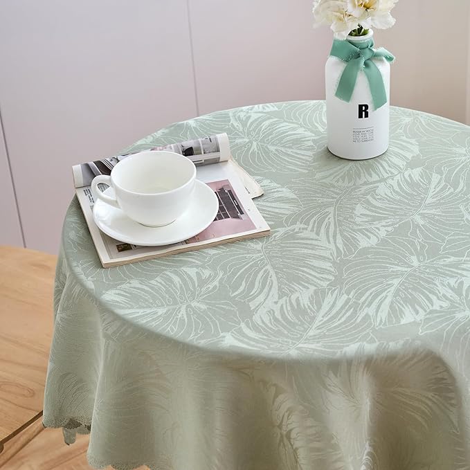 Square Tablecloth Green 36x36 Inch Leaves Pattern Scalloped Edge Waterproof Jacquard Nightstand End Table Cover for Coffee Teapoy Table Room Decor