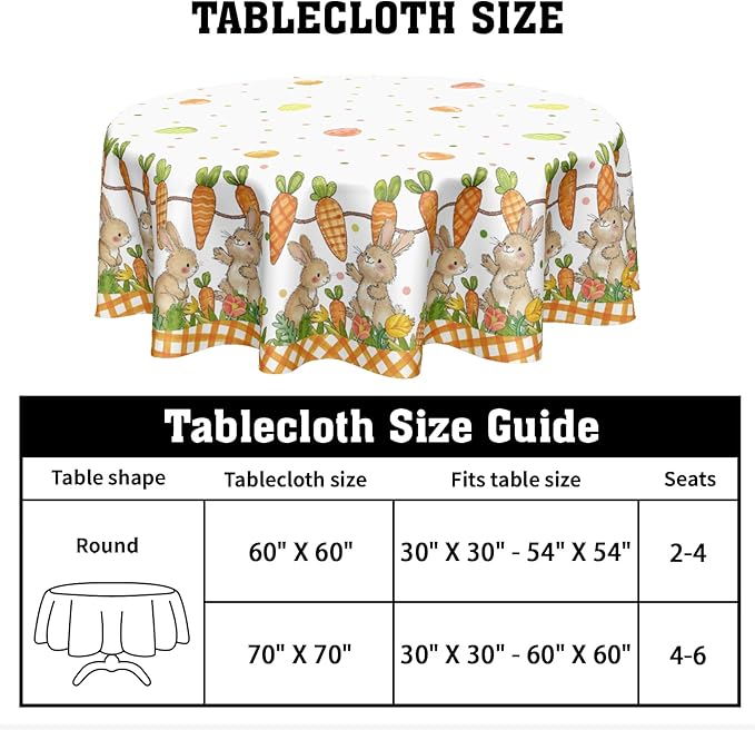 Easter Round Tablecloth 70 Inch Easter Bunny Carrot Egg Orange Buffalo Plaid Circle Table Cloth Seasonal Holiday Rustic Table Cover for Party Kitchen Dinner Home Decor