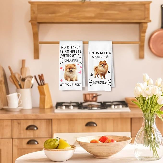 Pomeranian Dog Kitchen Towels, Pomeranian Gifts Dish Tea Towels for Kitchen Decor, Dog Lovers Mom Dad Gifts Decorative Hand Towel, 16x24 Inches Set of 2