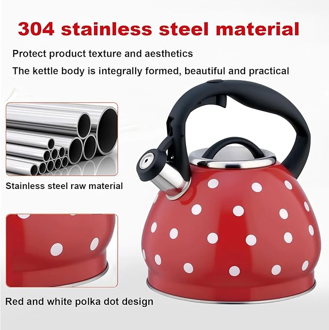 Polka Dot Tea Kettle Stovetop - 3.2 Quart Stainless Steel Whistling Kettle, Vintage Red & White Design, Gas & Electric Stove Safe, Induction
