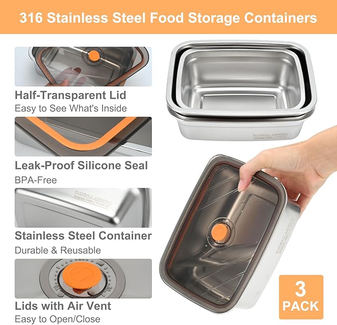 3 Pack Food Storage Containers with Lids, Stainless Steel Fridge Storage Containers Airtight Leak-Proof Metal Storage Containers for Food Leftover Storage at Home or for Camping Trip Road Trip (3 Pcs)