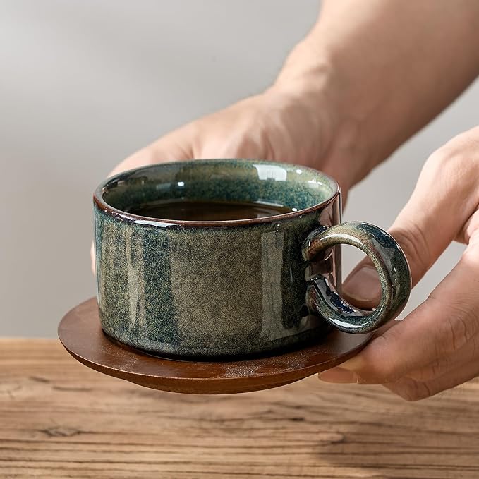 LUKA 6 Ounce Porcelain Stackable Espresso Cups with Saucers and Metal Stand Set of 4, Ceramic Cappuccino Cups Set for Specialty Coffee Drinks, Latte, Cafe Mocha and Tea, Reactive Dark Green