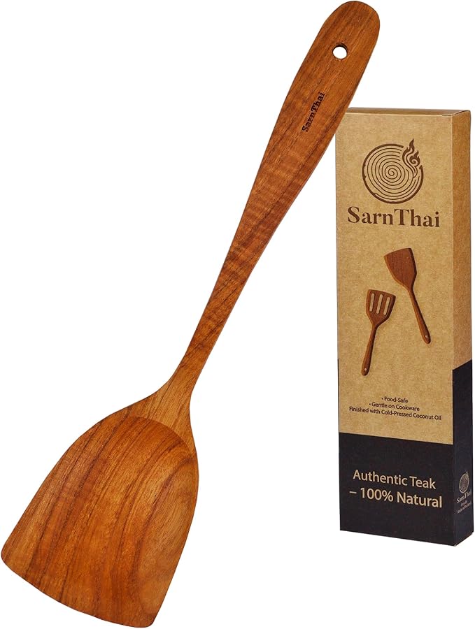 SarnThai Teak Wooden Wok Spatula – Handmade Thai Stir Fry Spatula, Long Handle Wooden Turner, Natural Eco-Friendly Cooking Utensil for Non-Stick Cookware