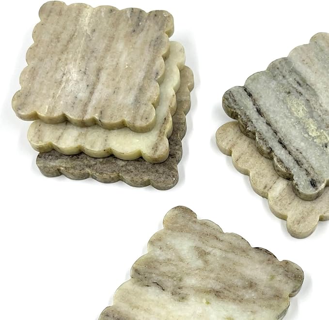 Set of 4 Luxury Natural Marble Scalloped Coasters Set – Handmade Stone Drink Wine Coasters for Serving, Coffee Table Decor, Housewarming Gift & Wedding Gift – Modern Home Decor