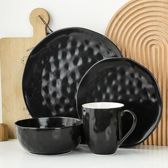Stone Lain Ivy Stoneware 24 Piece Dinnerware Set, Home Kitchen Dish Set with Dinner Plates, Salad Plates, Bowls, & Mugs - Service for 6, Black