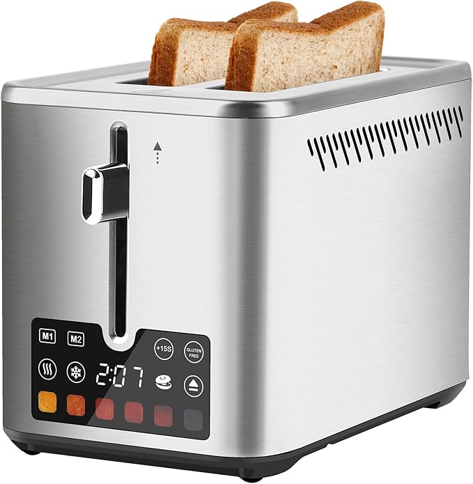 Touch Screen Toaster 2 Slice, Bagel Toaster with LCD Display, Stainless Steel Smart Digital Toasters with +15s Boost,Dual Memory Functions,Toasters with 6 Shade Settings & Extra-Wide Slots,900W