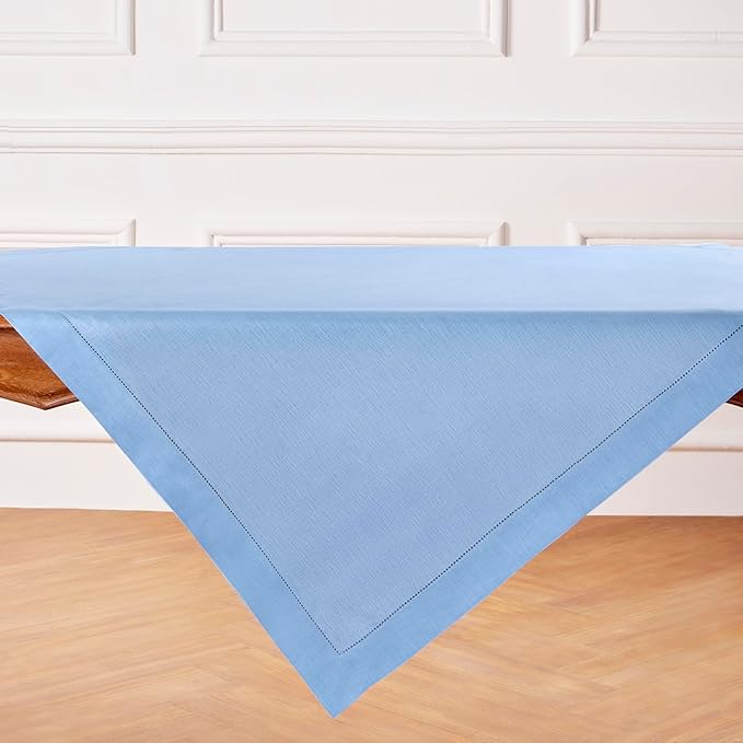 Solino Home Linen Cornflower Blue Tablecloth 52 x 52 Inch - 100% Pure Linen Square Table Throw - Classic Hemstitch, Machine Washable Table Cloth for Spring, Easter