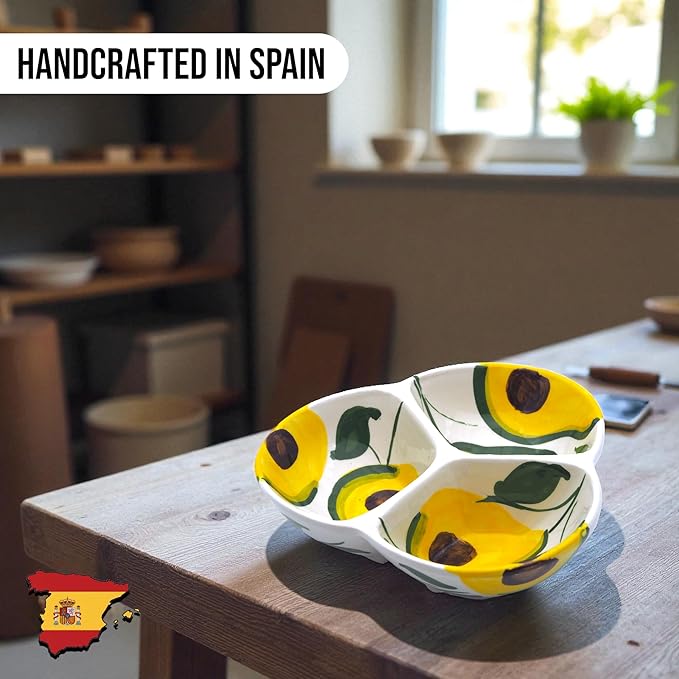 Ceramic Chip & Dip Bowl 7.5”, 3-Compartment Divided Serving Dish & Condiment Tray for Appetizers – Handmade in Spain, Lead-Free Glaze, Microwave, Oven & Dishwasher Safe