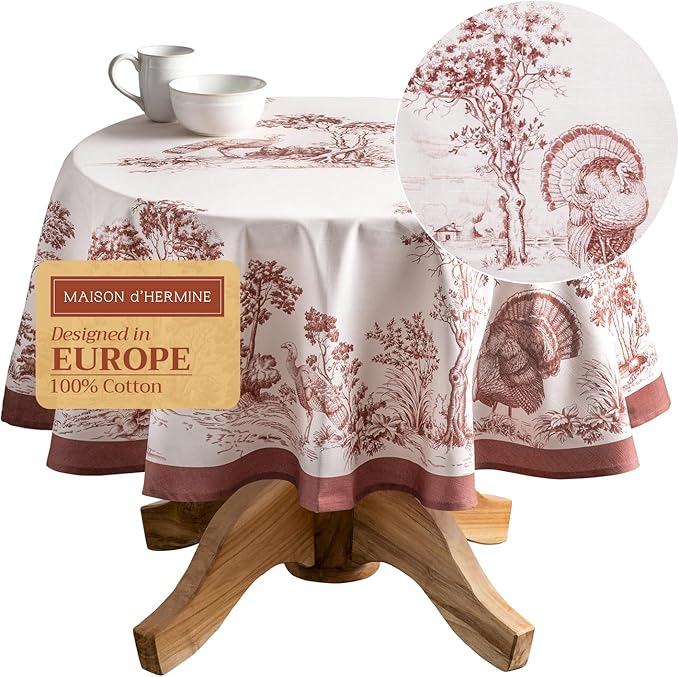 Maison d' Hermine Table Cloth Round Table 100% Cotton 63 Inches Fall Tablecloth Reusable Everyday Use for Thanksgiving Christmas Decorations Dining Farmhouse Party (Holy Jouy - Brown)