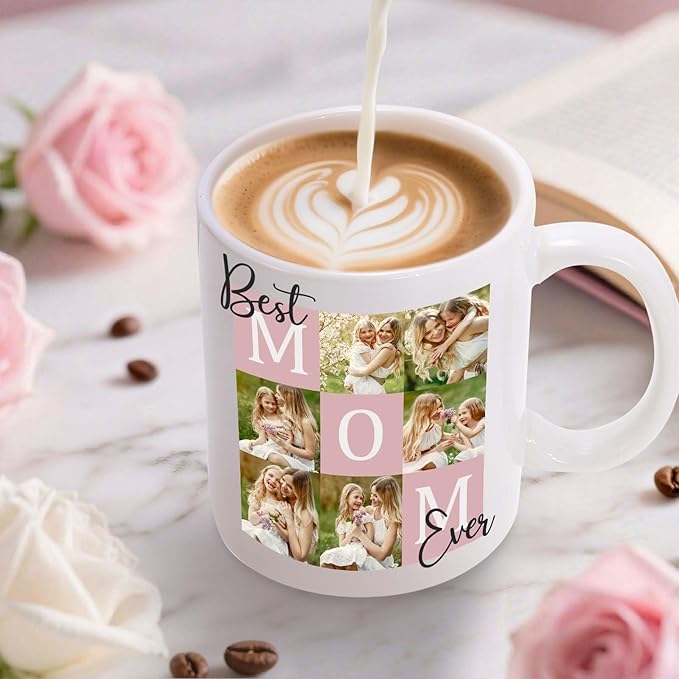 Custom Christmas Coffee Mug Gifts for Mom,11oz Personalized Ceramic Mama Cup with Photo Text & Birth Flower, Customized Birthday Gift for New Moms (Mom-6 Photos)