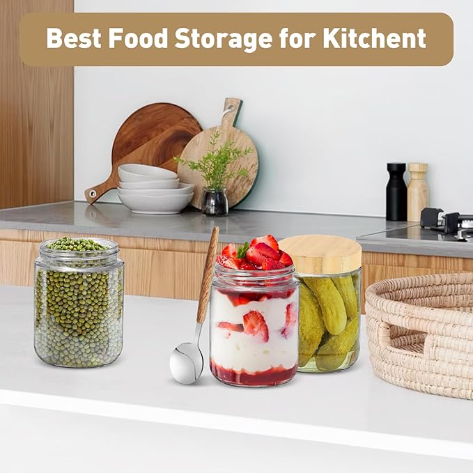 16oz Overnight Oats Jars,Overnight Oats Containers with Bamboo Lids for Meal Prep,Wide mouth Mason Glass Salad Jars with Spoons,Glass Food Storage Container for Yogurt Chia Pudding Spice Sugar(6Pack)