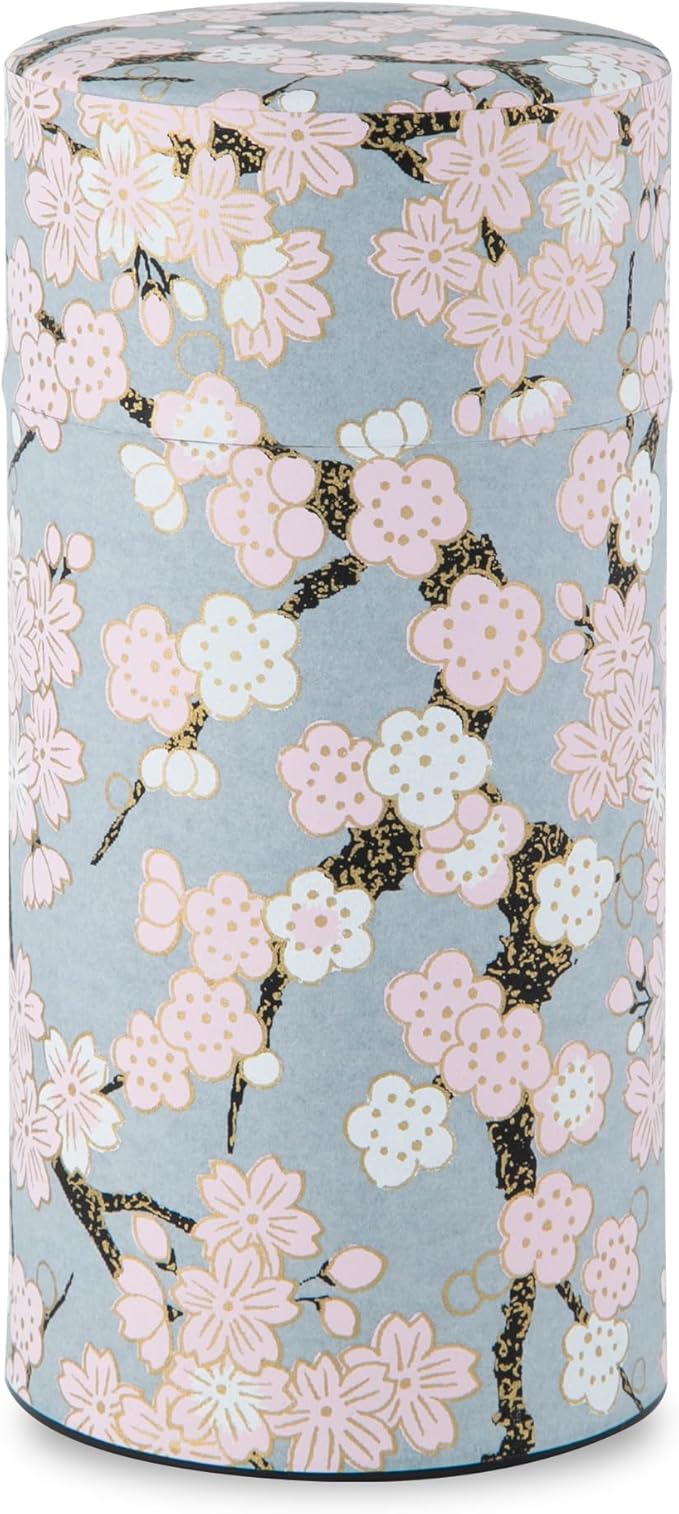 Japanese Tea Canister Tin ( Yuzen Washi Paper - Plum and Sakura / Gray ), 7.06oz Size / Made in JAPAN with Includes Inner Lid of Airtight Damp-Proof / Kitchen Jar for Loose Leaf Coffee Tea Spice and