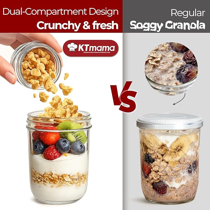 16+4oz Glass Yogurt Parfait Cups with Lids, Reusable Containers with Dry & Wet Separation, Leak-Proof for Overnight Oats, Meal Prep, Portable to Work & School, Easy Clean 4 Pack