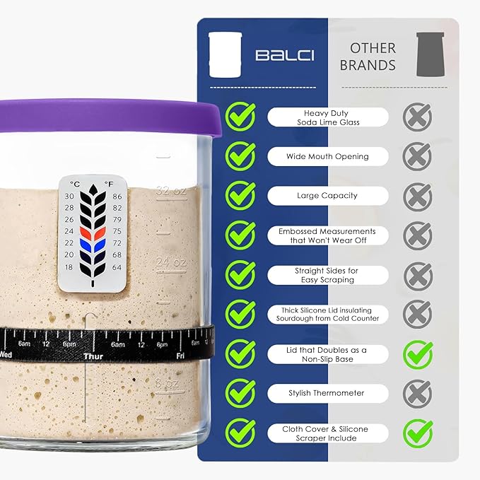 Premium Sourdough Starter Jar - 40oz Large Sourdough Jar with Marked Feeding Band, Thermometer, Scraper, Cloth Cover and Silicone Lid/Base, Wide Mouth Starter Kit - Green/Purple