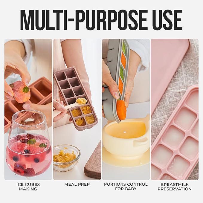 1 oz/6 Sections Silicone Ice Cube Freezer Tray with Lid, 100% Food-Grade Platinum Silicone,Leak Resistance & Dishwasher Safe for Baby Food Prep,Breast Milk,Purees - Korean Made, Indie Pink
