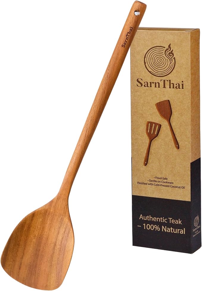 Teak Wood Wok Spatula Long Handle – Handmade Wooden Spatula for Cooking, Stir Frying & Flipping, Eco-Friendly Teak Wooden Utensil, Safe for Nonstick Pans