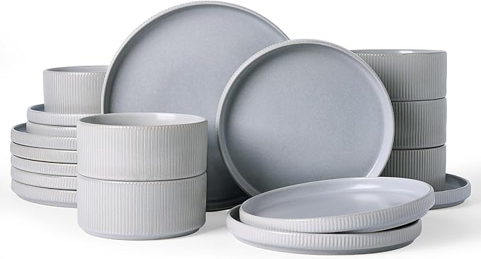 Famiware Star Dinnerware Set, Plates and Bowls Sets for 6 (18pcs), Ribbed Stoneware Dishes - Chip & Scratch Resistant, Microwave & Dishwasher Safe Kitchenware, Matte Gray