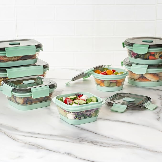 Restaurantware-Fresh Hero 17 Ounce Storage Containers, 20 Durable Airtight Food Containers - Microwavable, Freezable, Green Plastic Collapsible Container, Dishwashable, With Vented Lids
