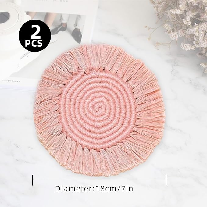 2 PCS Handmade Boho Coasters,100% Cotton Woven Macrame Absorbent Coaster for Drinks,Heat Resistant Cotton Coasters for Coffee Table,Desk Kitchen Dining Room Kitchen,Housewarming Gift