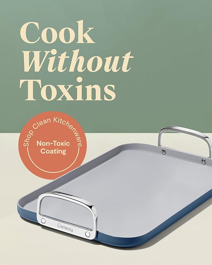 Caraway Double Burner Griddle - 19x12” Griddle Pan - Non-Stick Ceramic Coated - Non Toxic, PTFE & PFOA Free - Oven Safe & Compatible with All Stovetops - Navy