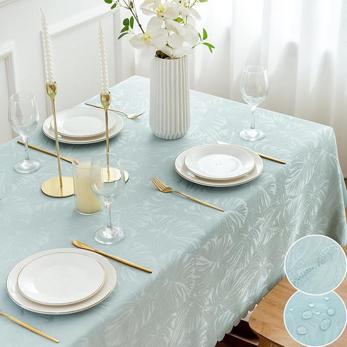 Jacquard Table Cloth for Rectangle Tables,Summer Tablecloth Waterproof Wrinkle Free Leaves Soft Fabric Table Cover for Dinning Outdoor Birthday Party Kitchen Dining Decor (Aqua,52x70In)