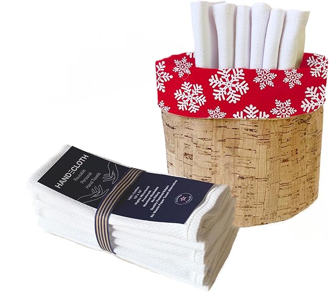 HANDECLOTH Reusable Cloth Paper Towel Set/Personal Hand, Guest & Kitchen Towels/Cotton/Machine Washable/Absorbent/Quality Edges (Red Snowflake & Cork Basket, 12 Cloths)