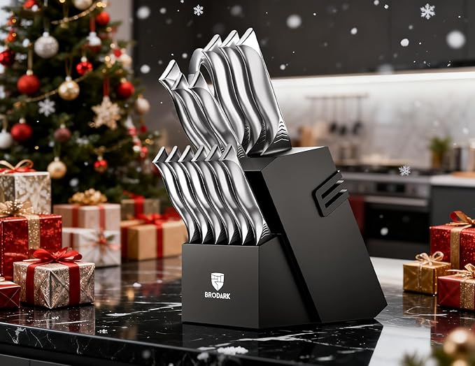 BRODARK Kitchen Knife Set with Block - 15-Piece Knife Block Set with Built-in Sharpener - High Carbon Stainless Steel Kitchen Knives Set for Kitchen - Shark Series