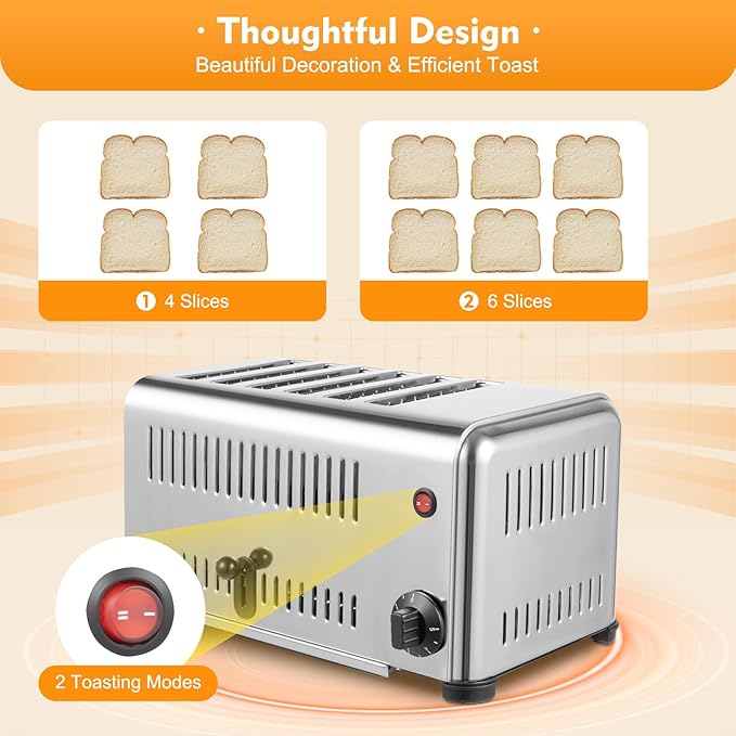 6 Slices Toaster with 5 Bread Shade Settings, Commercial Baking Machine, Wide Slot Stainless Steel Toaster 1680W 201 Stainless Steel for Various Bread Types