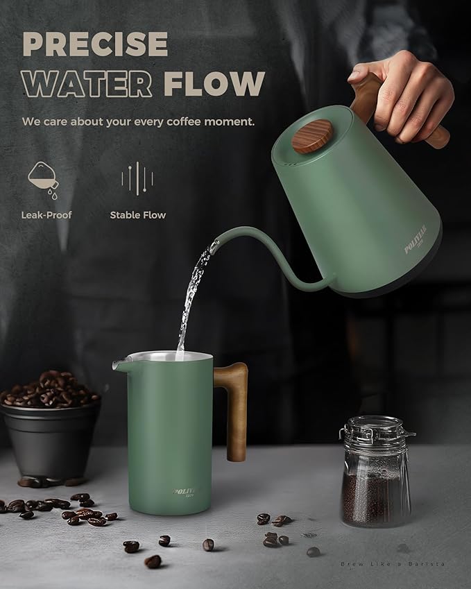 POLIVIAR Electric Gooseneck Kettle, 1350W Electric Tea Kettle Wood Pattern Handle, 34oz Pour Over Electric Kettle for Coffee & Tea, 18/8 Stainless Steel Inner, Temperature Control & Rapid Heating