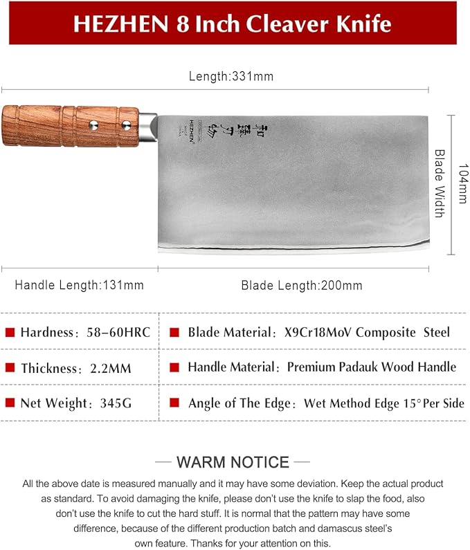 HEZHEN 8”Cleaver Knife, 3 Layers Composite Clad Steel Chinese Chef Knife, Stainless Steel Butcher Knife Meat Slicing Chef Kitchen Knife, Padauk Wood Handle