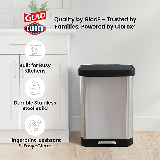 Glad GLD-74506 Stainless Steel Step Trash Can with Clorox Odor Protection | Large Metal Kitchen Garbage Bin with Soft Close Lid, Foot Pedal and Waste Bag Roll Holder, 13 Gallon, Stainless