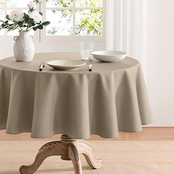 Faux Linen Tablecloths for Rectangle Tables, Burlap Textured Table Cloths Washable Farmhouse Table Cover Water Resistant for Dining, Wedding, Outdoor(Khaki, 60" Round)