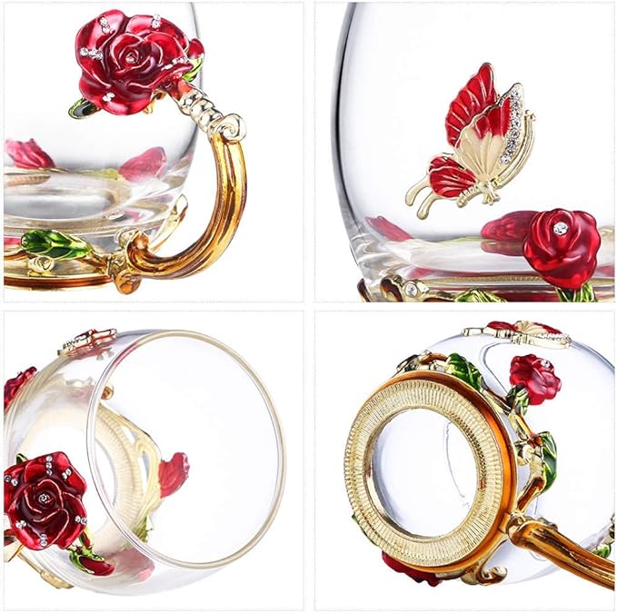 Luka Tech Enamel Butterfly flower Lead-free Glass Coffee Mugs Tea Cup with Steel Spoon, personalised Gifts For Women Wife Mom Girl Teacher Friends Birthday Mothers Valentines Day Wedding (Rose)