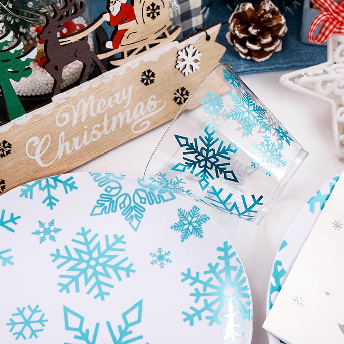 WDF 175Pcs Christmas Plates and Napkins Disposable Dinnerware Set for 25 Guests, White Blue Plates with Silverware, White Snowflake Cups and Festive Holiday Napkins Perfect for Christmas Winter