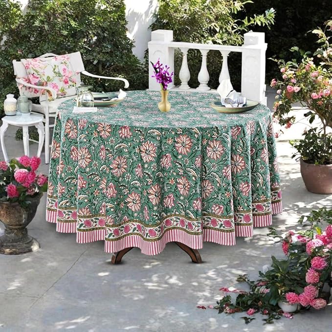 Ridhi Block Print Round Virdian Green Reusable Tablecloth 100% Cotton 132" Inch Decorative Table Cover eveyday Dining, Home, Party, Wedding, Farmhouse Gift for Spring, Easter, Valentine