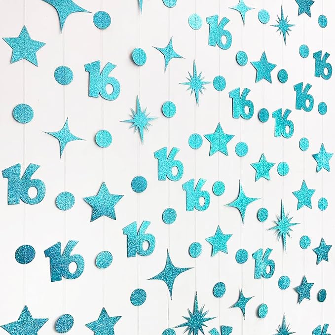 Teal Blue 16th Birthday Decorations Number 16 Circle Dot Star Garland Glitter Streamer Banner Backdrop for Girls Boys Sweet Sixteen Cheers to 16 Years Old Birthday 16th Anniversary Party Supplies