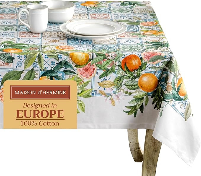 Maison d' Hermine Table Cloth Square Table 100% Cotton 60 x 60 Inches Tablecloth Reusable Decorative for Dining Room Farmhouse Home Valentines Day Decorations Spring Summer - Agrume