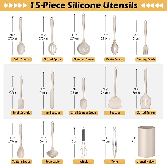 15-Piece Kitchen Cooking Utensils Set with Holder, Homikit Heat Resistant Food Grade Silicone Kitchen Utensils include Slotted Spatula Ladle Turner for Nonstick Cookware, Dishwasher Safe- Khaki